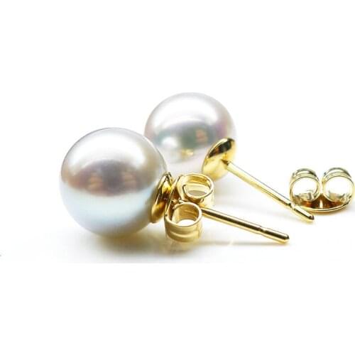 Free Shipping 6.5-8mm AAA Natural Color Real Akoya Pearl Stud Earrings 18k Yellow / White Gold