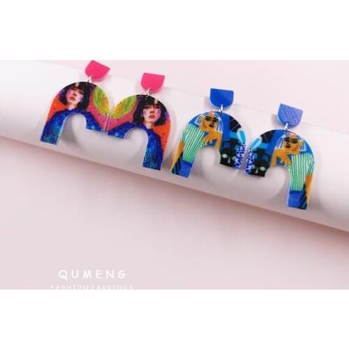 2020 fashion new design geometric U-shaped colorful painting printed Acrylic Pendant Earrings for women charm jewelry