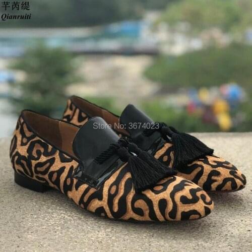 Qianruiti Men Leopard Print Tassel Loafers Slip-on Fringe Horsehair Flats Smoking Shoes Casual Shoes Male