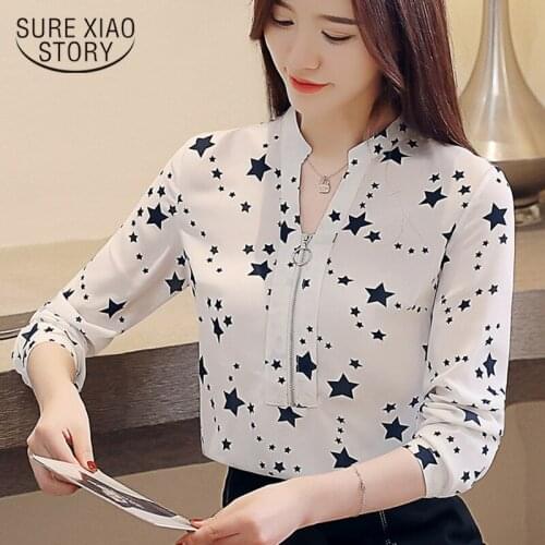 2021 spring ladies new chiffon shirt female long-sleeved V-neck Front chest zipper pullover stars dotted womens shirt 2216 50