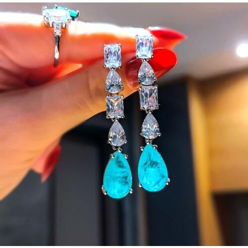Luxury Silver Color Paraiba Tourmaline Crystal Diamonds Water Drop Long Earrings For Women Elegant Party Fine Jewelry Gift 2021