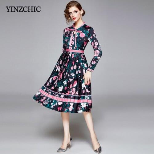 Bottoming Dress Bow Tie Print European Long Sleeve Women Length Style Spring New Floral Dresses for Woman