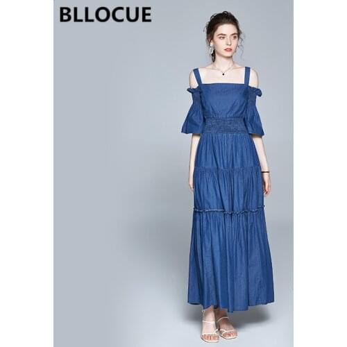 BLLOCUE 2020 Summer New Runway Spaghetti Strap Dress Womens Flare Sleeve Sexy Strapless Elegant Maxi Denim Dress