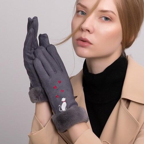 Winter Women Suede Fabric Touch Screen Keep Warm Gloves Plus Velvet Inside Thicken Elegant Female Cats Embroidery Gloves