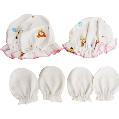 4 piece Newborn Baby Gloves Cotton Anti-scratch Glove Lotus Leaf Lace Cartoons Hat Newborns Baby Hat Soft Infant Glove Mittens