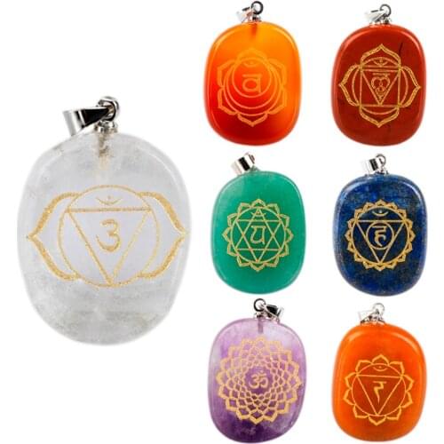 TUMBEELLUWA 7 Chakra Stones With Symbols,Oval Shaped Spiritual Healing Reiki Crystal Pendant,Set of 7