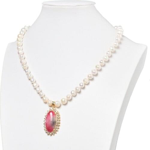8-9mm Natural Pearls with Red and Light Grey Oval Shape 24x39x10mm Pendant Making For Neckalce 18inch Elegant Ladies Gifts H502