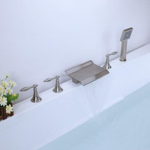 Free ship Contemporary Nickel Brushed Five Holes Three Handles Waterfall Bathtub Faucet with Hand Shower