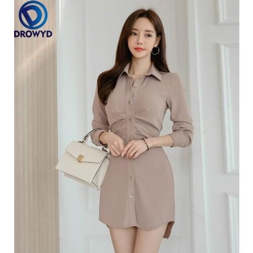 Elegant Office Wear Dress Women Autumn Single Breasted Shirt Dresses Vintage OL Korean Work Sheath Bodycon Sexy Party Vestidos