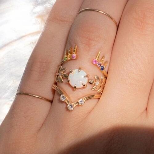 Dainty Female White Opal Stone Ring Charm Gold Color Leaf Wedding Rings For Women Luxury Bride Round Zircon Thin Engagement Ring