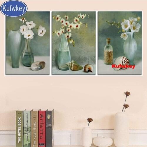 Triptych Diy Diamond painting Still Life Wall Art Flowers Vases Shells Modern Diamond Embroidery Full round Square drill Mosaic