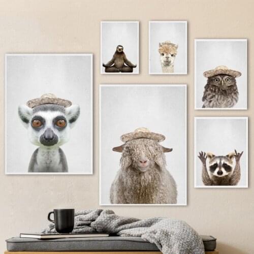 Sloth Raccoon Sheep Alpaca Nordic Posters And Prints Animals Wear Hats Canvas Painting Wall Art For Living Room Decor
