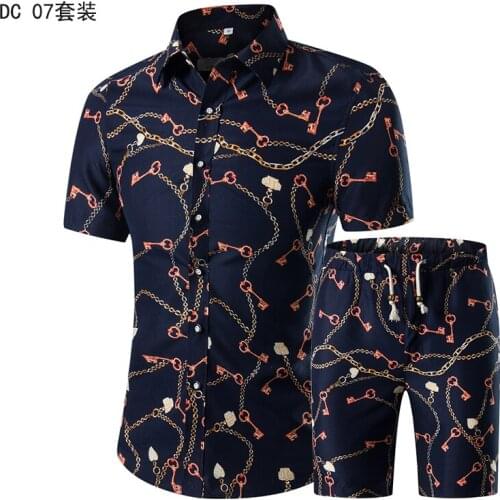Summer Men Sets 2019 New Print Floral Short Sleeve Shirts Sets Fashion Casual Fit Slim Turn-down Collar Men Suits