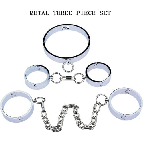 New Steel Metal Neck Collar Handcuffs Ankle Cuffs Slave BDSM Bondage Shackles Leg Irons BDSM Restraint Sex Toy Couples Role Play