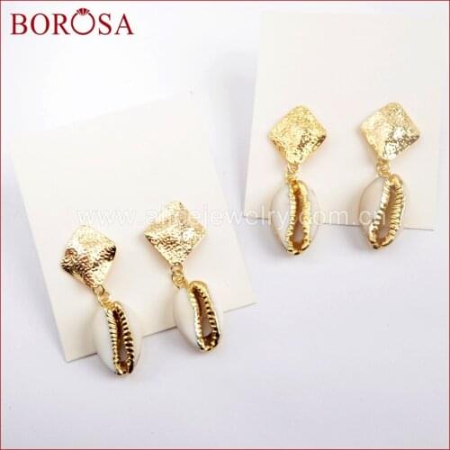 BOROSA Wholesale New Arrival Gold Dia-mond With Cowrie Shell Stud Earring For Women Jewelry 2018 G1592