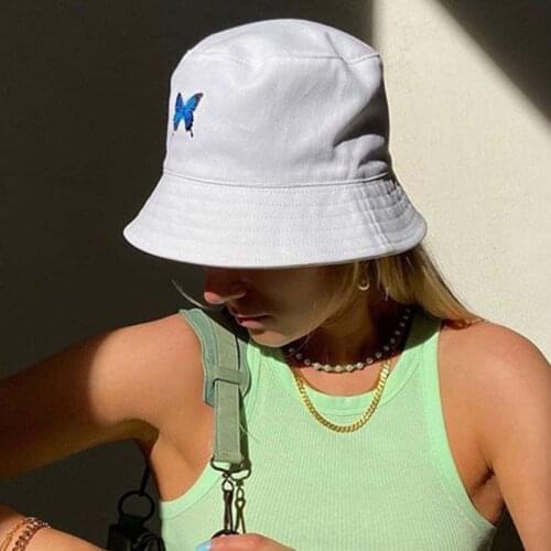 Unisex Summer Butterfly Embroidered Bucket Hat Harajuku Hip Hop Short Brim Sun Protection Packable Panama Fisherman Cap