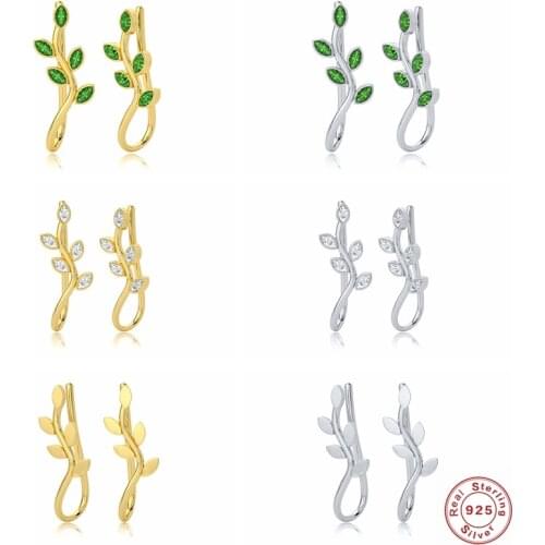 Trendy S925 Sterling Silver Stud Earring Green Zircon Leaves Climber Earrings For Women Girls Ear Climbers Wedding Jewelry Gifts