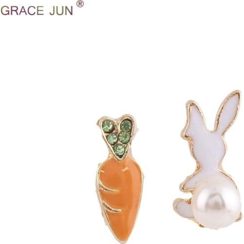 GRACE JUN Top Quality Enamel Simulated Pearl Rabbit Carrot Stud Earrings for Girl Party Fashion Cute Jewelry Charm Earrings 2018