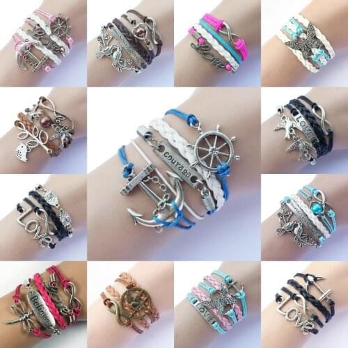Mix Styles Handmade Leather Wrap Charm Bracelet Multilayer Combined Friendship Gift Courage/Bird/Butterfly/Love/Believe