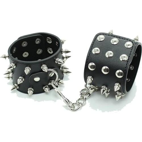 Unisex Black PU Leather Spiked Wrist Cuffs Punk Bondage Fetish Adult SM Training Toy