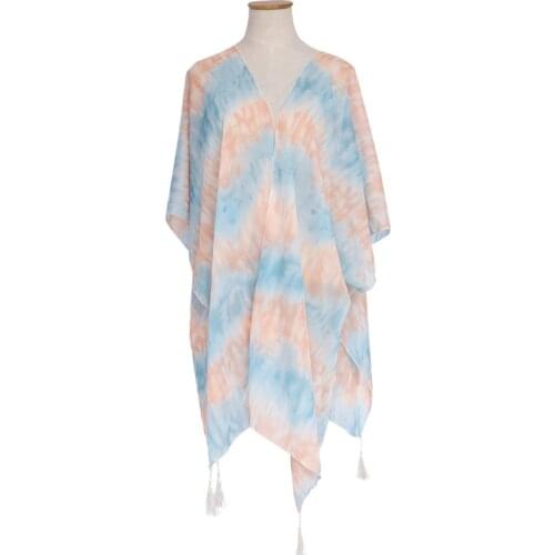 Women Swimsuit Bikini Cover Up Gradient Colorful Print Open Front Kimono Cardigan with Tassels Casual Loose Chiffon Blouse Boho