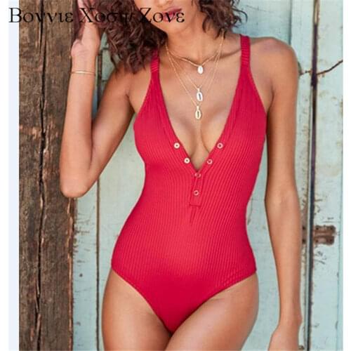 Women Summer V-Neck Plain Solid Button-up Sleeveless One-piece Swimwear
