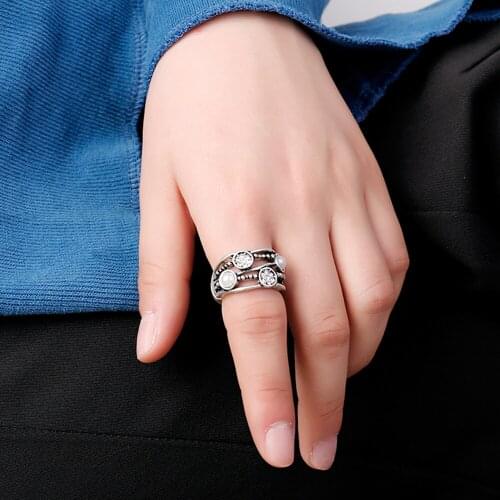 Silver Color Adjustable Rings For Women Crystal Freshwater Pearl Ring Fashion Jewelry Vintage Retro European Style Elastic Size