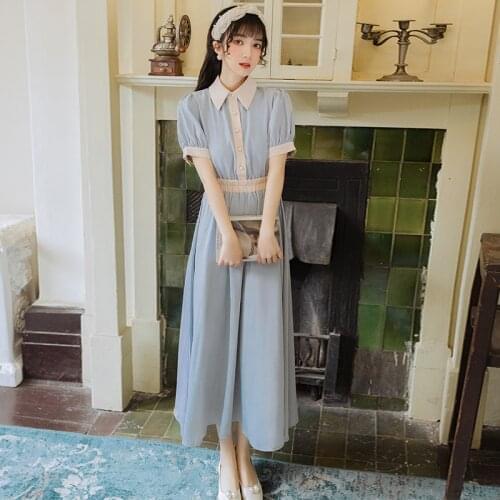 Women Sweet Cute Dress 2021 Summer New Vintage Puff Sleeve Girl Small Fresh Temperament Age-Reducing Student Lapel Dress