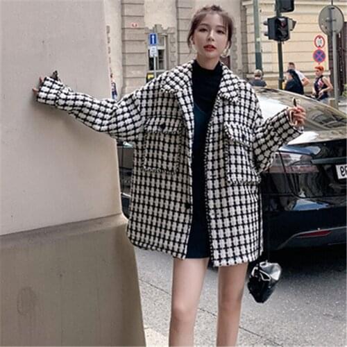 Houndstooth Woolen Coat Women 2020 Autumn Winter Fashion New Thick Long-Sleeved Small Fragrance Loose Plaid Coat Trend 133