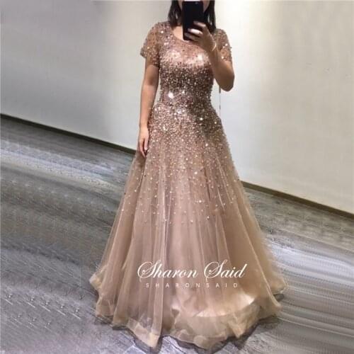 Arabic Rose Gold Dubai Evening Dress Short Sleeve Luxury Beaded Silver Long Prom Dresses 2021 Elegant Women Formal Party Gown
