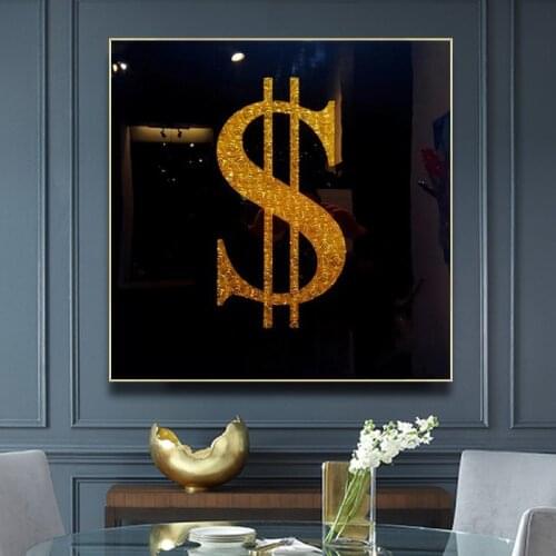 Golden Dollar Money Modern Art Prints and Canvas Painting Poster Black Background Picture Home Decor Craft Gift for Room Decor