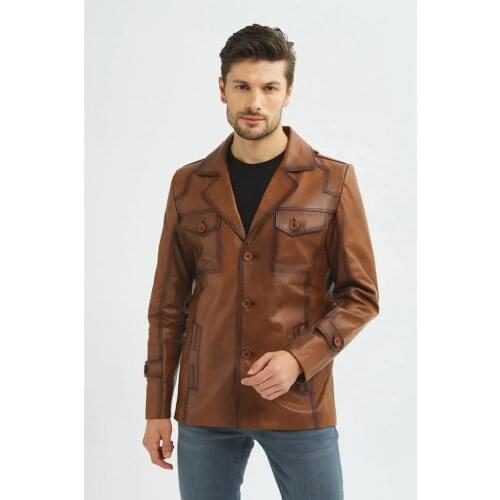 Free shipping fast fashion dan genuine brown classic leather jacket