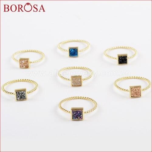 BOROSA Trendy Jewelry 10pcs Gold Color 5mm Square Rainbow Drusy Rings,Natural Agates Titanium Druzy Bezel Ring for Women ZG0287