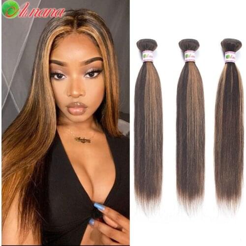 Alinana Brazilian Ombre Hair Bundles Bone Straight Human Hair Bundles P4/30 Brown with Highlight Color Remy Hair Weave Bundles