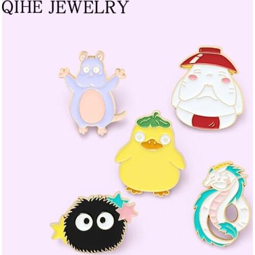 Hayao Miyazaki Anime Enamel Pin Yellow Duck Mouse Coal Bailong Haku Brooches Cartoon Movie Badge Jewelry Gift for Fans Friends