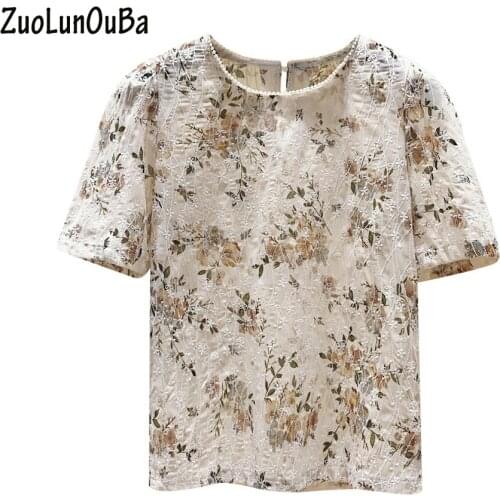 ZuoLunOuBa Summer Fashion Womens Clothes T shirt Apricot Embroidery Floral Harajuku Short sleeved Round Neck Tees Tops