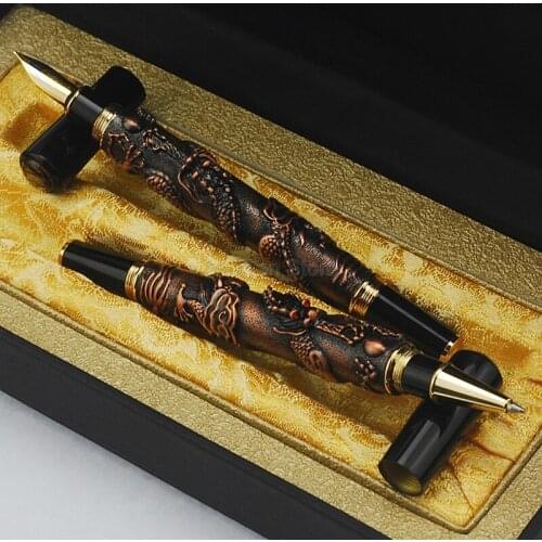 Jinhao Brand New Oriental Dragon Series Vintage Fountain Pen & Rolllerball Pen Metal Embossing Red Copper Color W/Gift Box