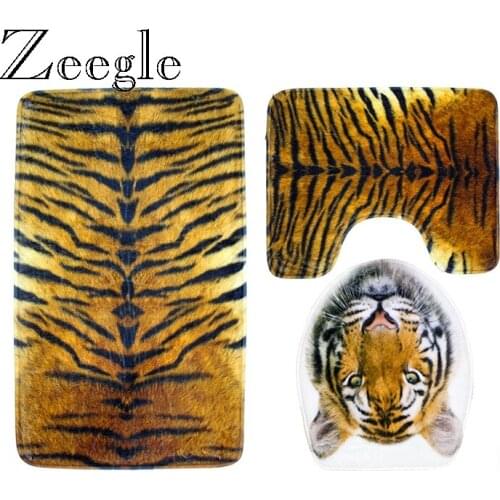 3PCS Tiger Leopard Bath Mat Non-Slip Bathroom Carpet Bath Foot Mat Printed Toilet Seat Cover Rug Flannrl Toilet Floor Mat Set