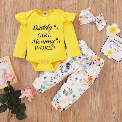 0-24M Newborn Baby Girl Outfit Set Baby Girl Clothes Set Toddler Yellow Daddys Mommys Girl Print Romper + Floral Print Pants
