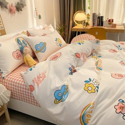 Cartoon Bedding Set Cotton Kids Adult Bed Linen Sheet Plaid Duvet Cover Pillowcase Children Student Dormitory Bedclothes