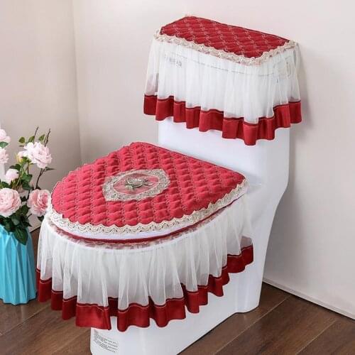 Toilet Seat Cover 3pcs Lace Decorative Toilet Tank Cover Red Blue Beige Bathroom Toilet Cover