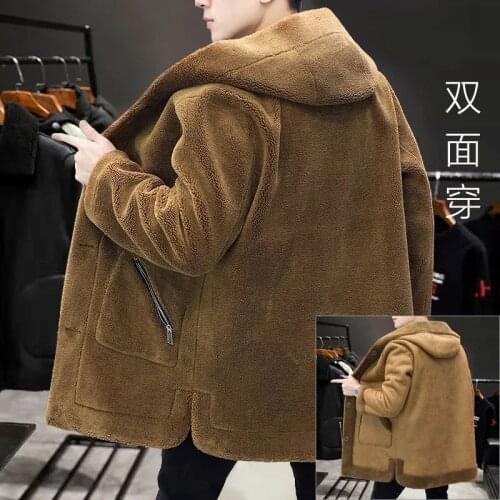 Men Faux Fur Jacket Winter Outdoors Camping Trekking Travel Double-Sided Male Thicken Lamb Fleece Coat New Casual Hooded Outwear
