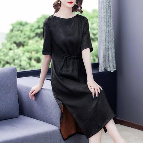 Summer Vintage Black Silk Satin Midi Dress 2021 Spring Casual Solid 4XL Plus Size Sundress Women Elegant Bodycon Party Vestidos