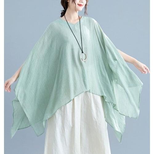 Summer Plus Size Loose Bat Shirt Tops Womens 2021 Summer New Mid-length Female Light Green Irregular Casual Cloak Blouse aq753