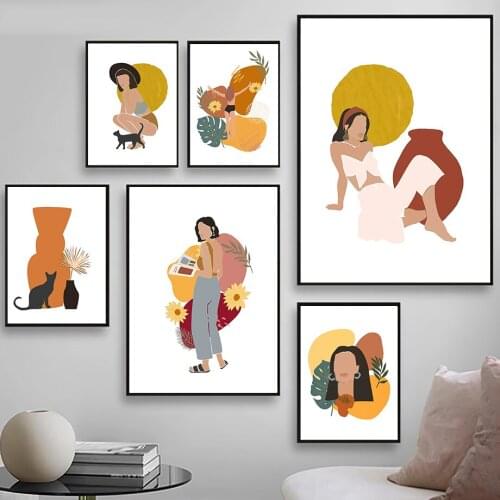 Woman Color Block Monstera Palm Wall Art Canvas Painting Nordic Posters And Prints Wall Pictures For Living Room Bohemian Decor