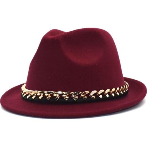 New Autumn Winter Wool Fedoras Hats Women Chain Wide Brim Panama Jazz Hat Men British Vintage Cowboy Hat F114