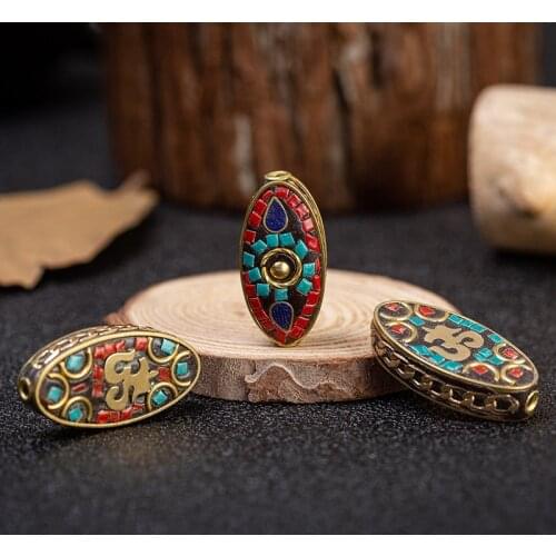 Oval Flat Round OM Brass Beads with Synthetic Coral Antique Golden Retro Tibetan Nepal Beads For Jewelry Making DIY Bracelets