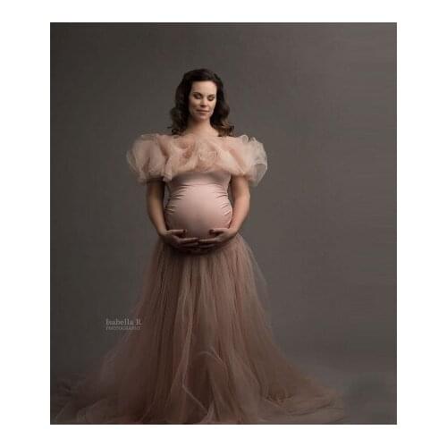 Chic Pink Maternity Dresses Puffy Short Sleeves Ruffles Pleated Extra Fluffy Plus Size Women Long Pregnancy Gown 2021