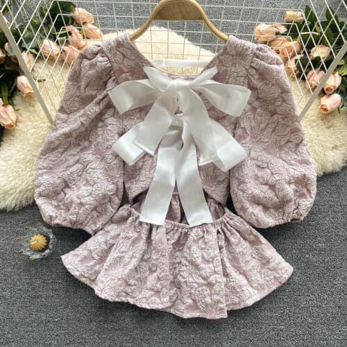 Short Sleeve Crop Top Womens Slim Waist Bow Hollow Out Blouse Female Slim Short Puff Sleeve Pullover Shirt Fashion Blusas Mujer