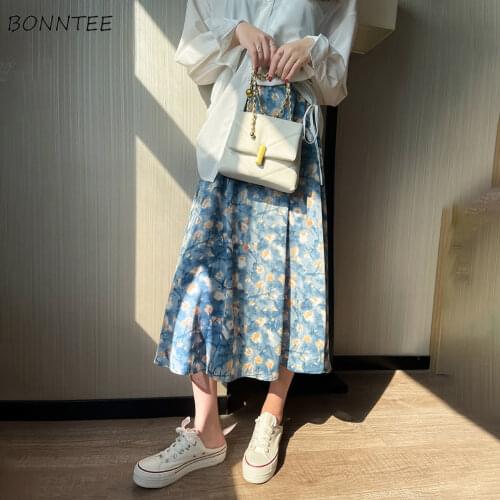 Women Skirts Elegant Painting-print Mid-calf Tender Leisure High Waist Pleated Art Baggy Street Fashion Cozy Summer Female Teen